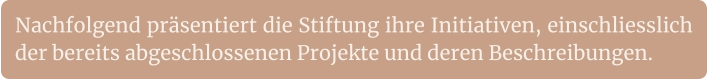 Nachfolgend präsentiert die Stiftung ihre Initiativen, einschliesslich der bereits abgeschlossenen Projekte und deren Beschreibungen.